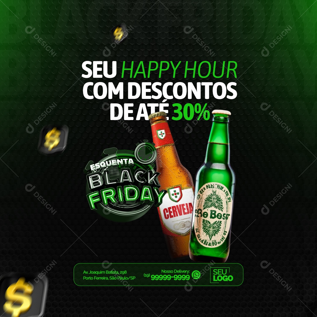 Esquenta Black Friday Supermercado Cervejas Seu Happy Hour com Descontos de Até 30% Social Media PSD Editável