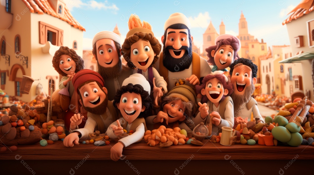 Desenho 3D animado de pessoas Judeus.