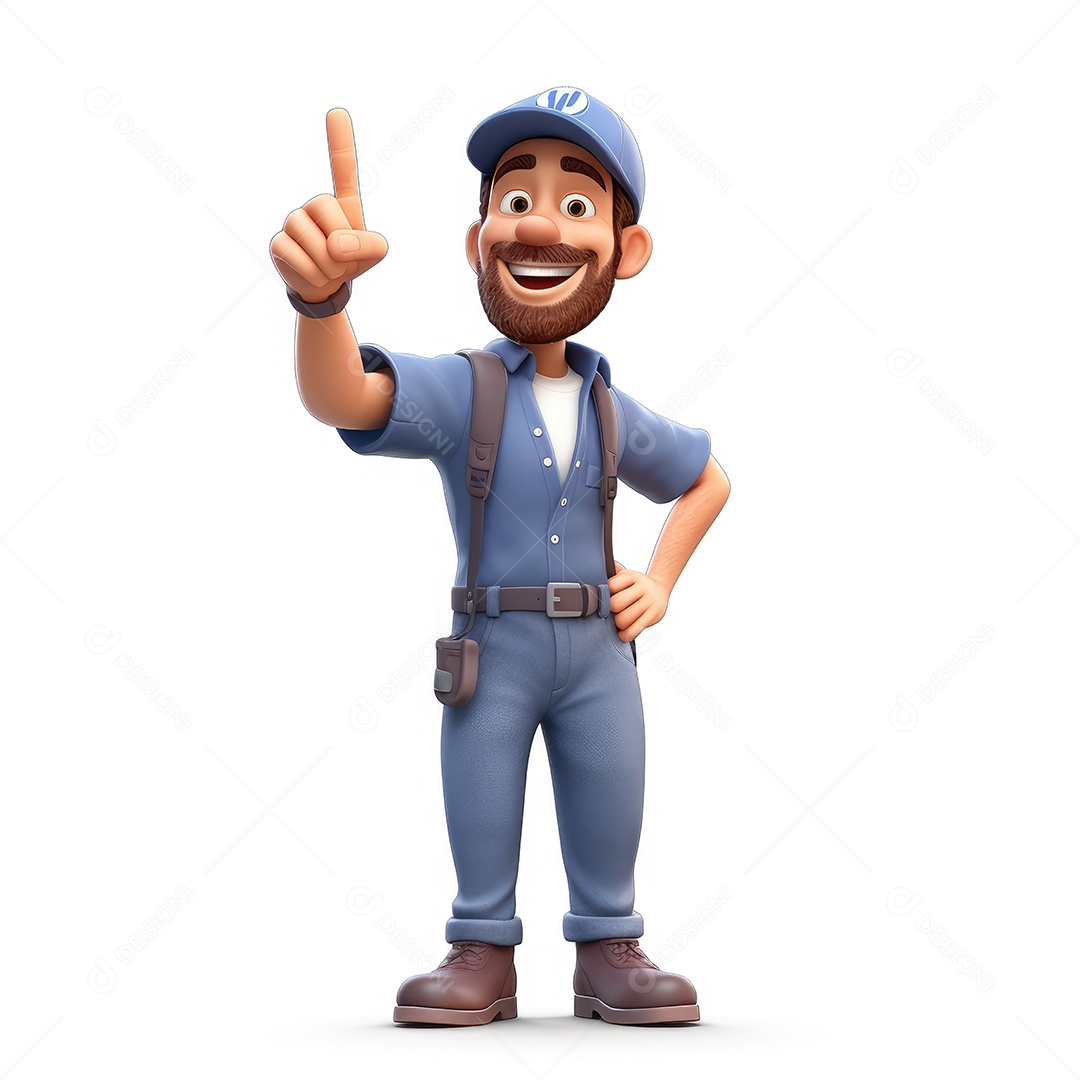 Personagem de homem trabalhador apontando para algo sobre fundo branco