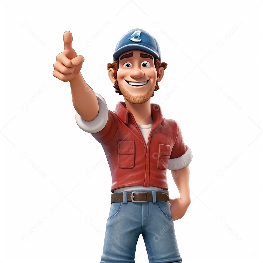 Personagem de um homem carteiro apontando para algo sobre fundo branco