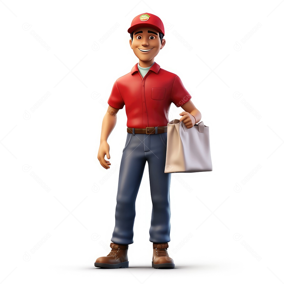 Personagem de homem entregador com sacola nas mãos