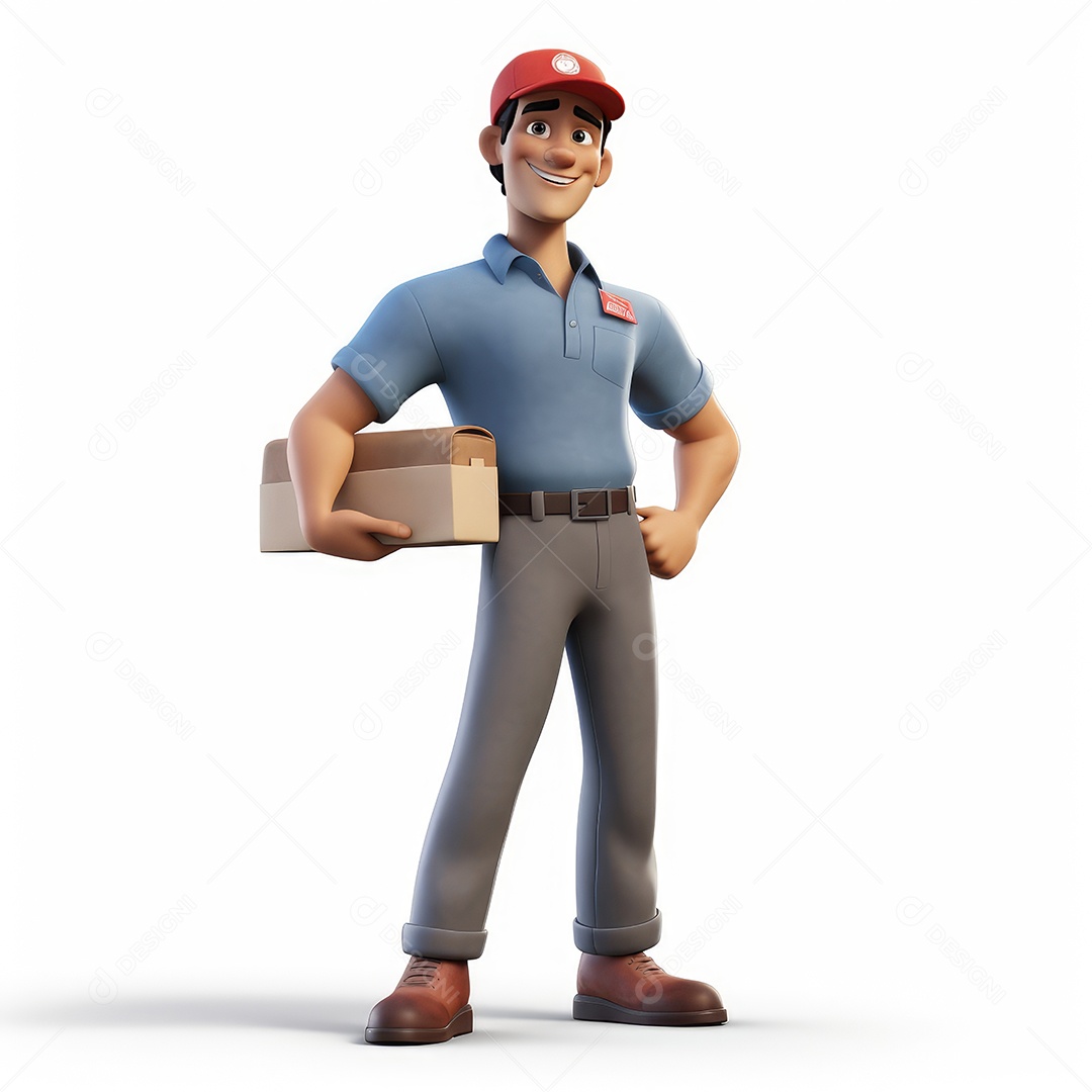 Personagem de um homem carteiro com encomeda nas mãos