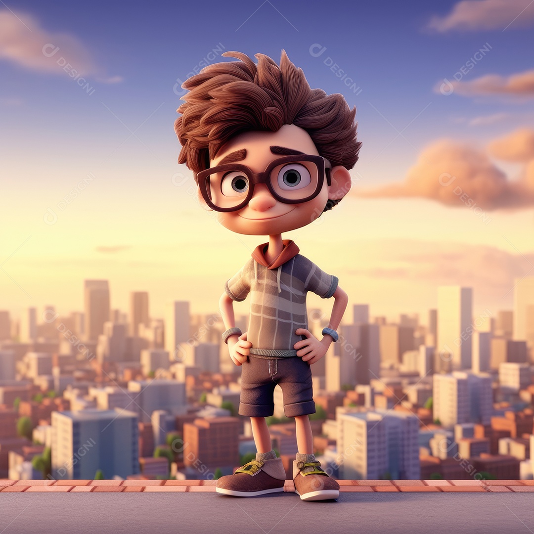 Garoto fofo usando óculos sobre um fundo de cidade ilustração inteligência artificial