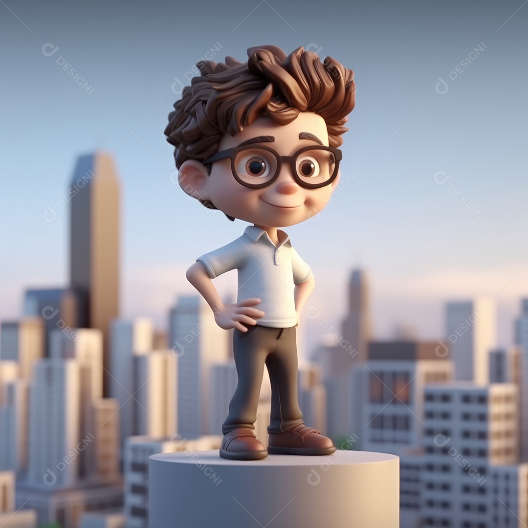 Personagem de um garoto usando óculos sobre um pódio