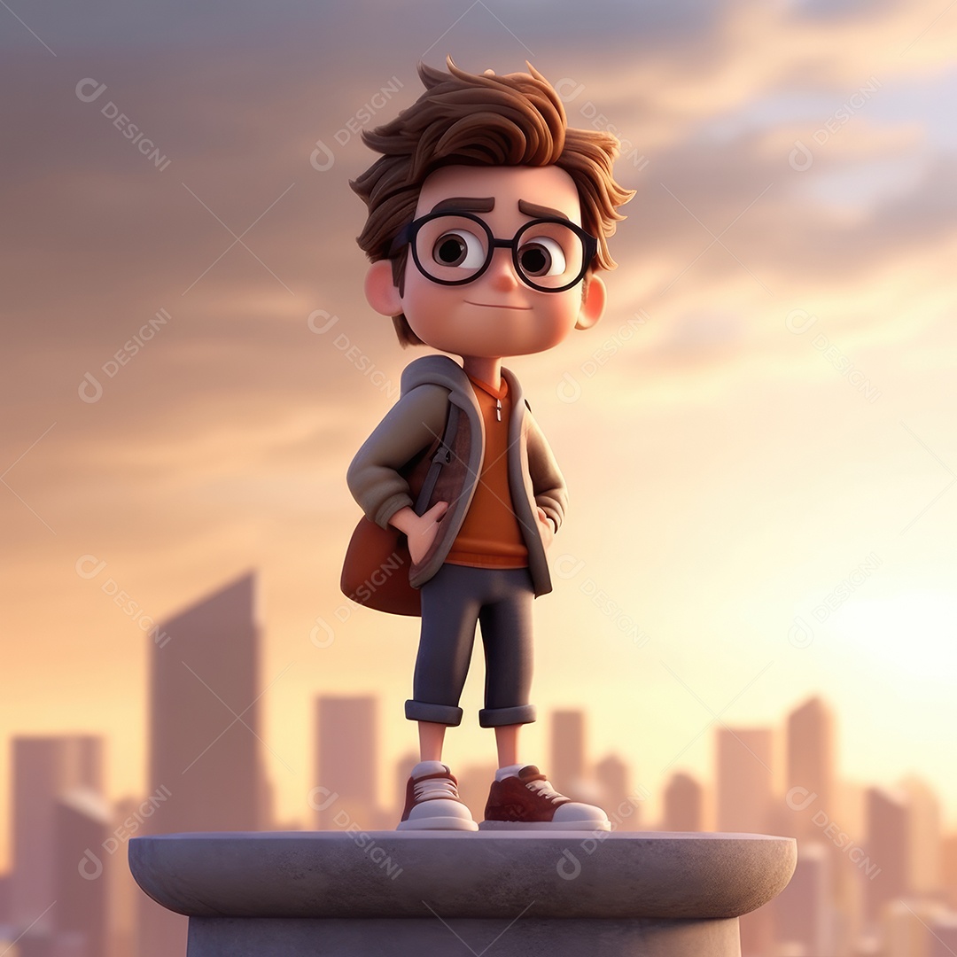 Um garoto fofo de óculos com mochila nas costas