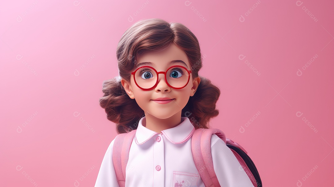 Uma garotinha de óculos e mochila nas costas sobre fundo rosa