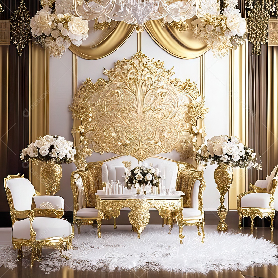 Cenário de casamento cadeiras almofadadas