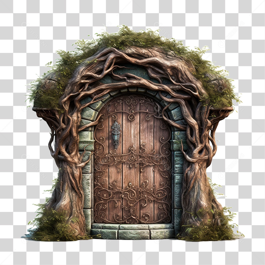Porta Antiga com Ramos de Plantas PNG Transparente