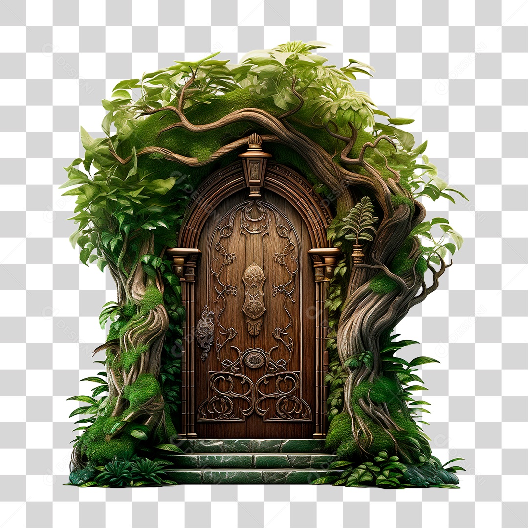Porta Antiga com Ramos de Plantas PNG Transparente