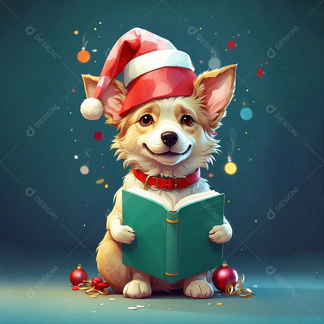 Cachorro fofo de natal usando chapéu e segurando um livro