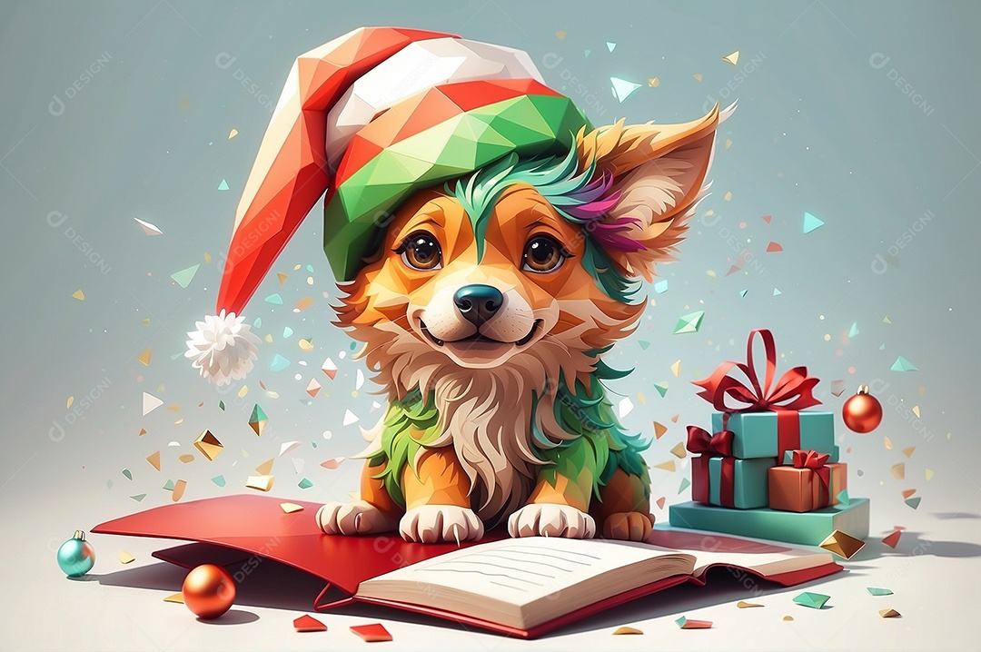 Cachorro fofo de natal usando chapéu e segurando um livro