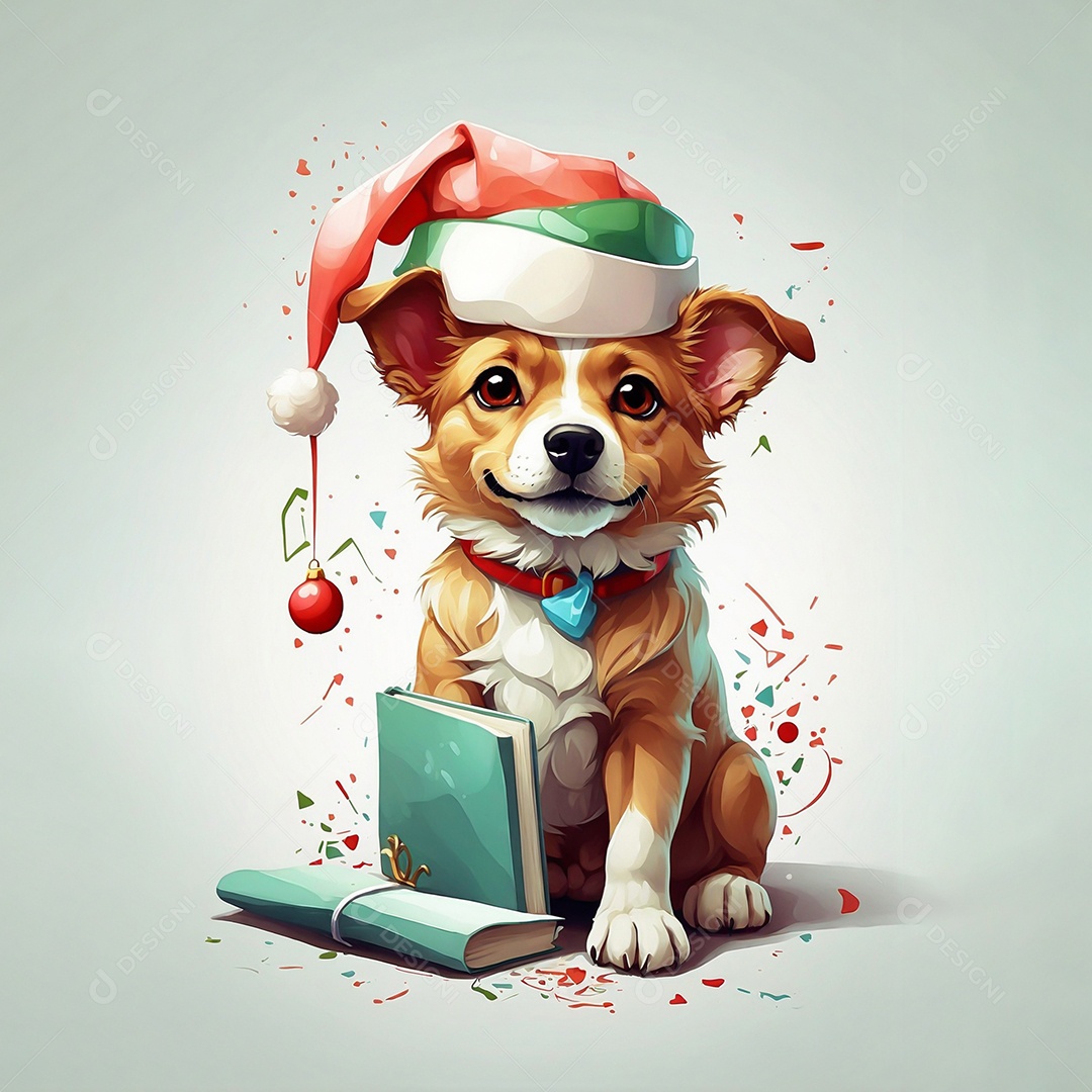 Cachorro fofo de natal usando chapéu e segurando um livro