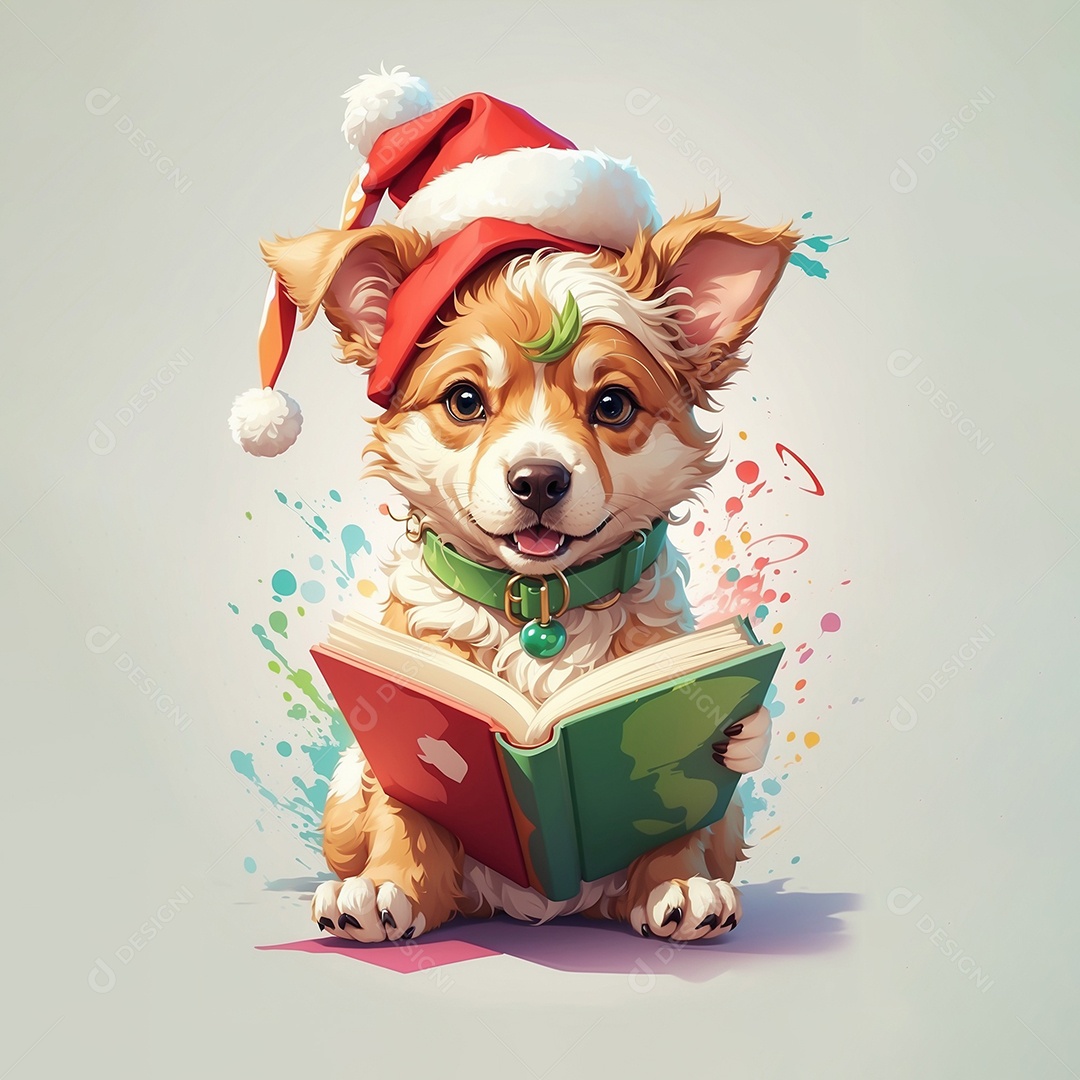 Cachorro fofo de natal usando chapéu e segurando um livro