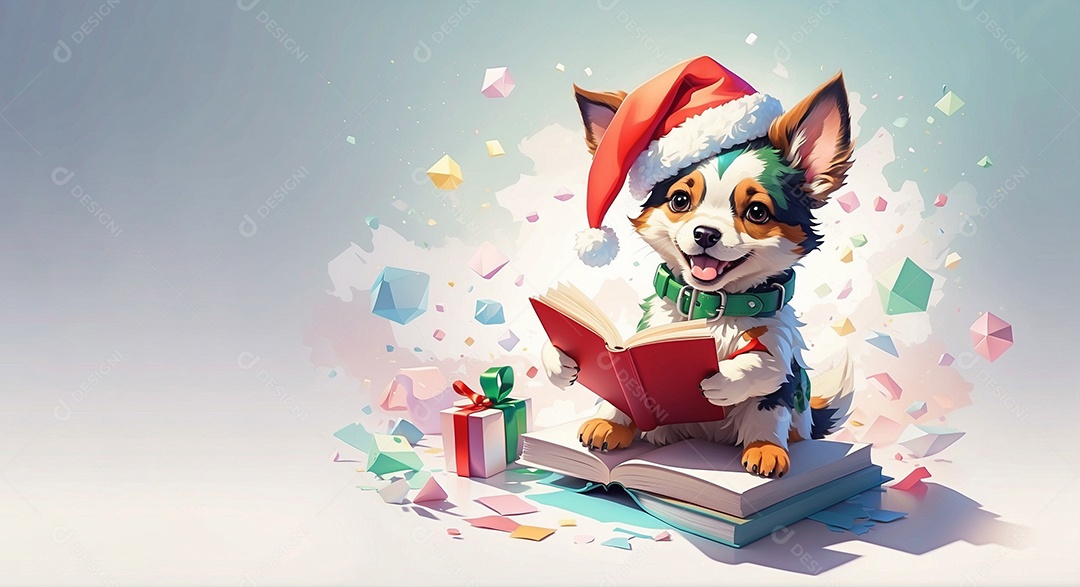 Cachorro fofo de natal usando chapéu e segurando um livro