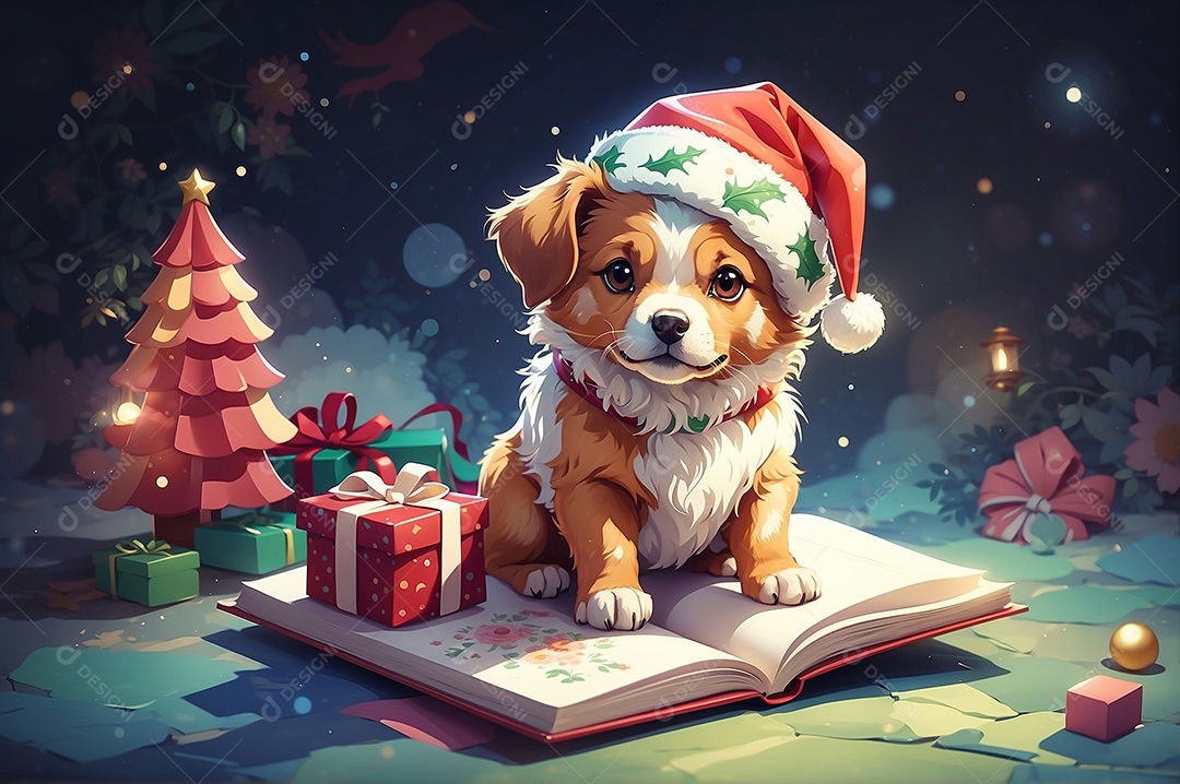 Cachorro fofo de natal usando chapéu e segurando um livro