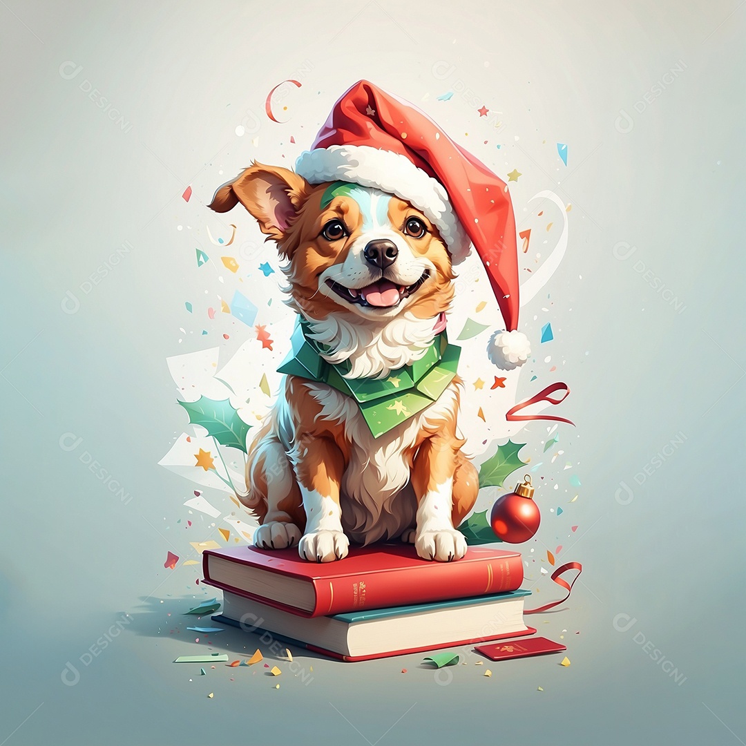 Cachorro fofo de natal usando chapéu e segurando um livro