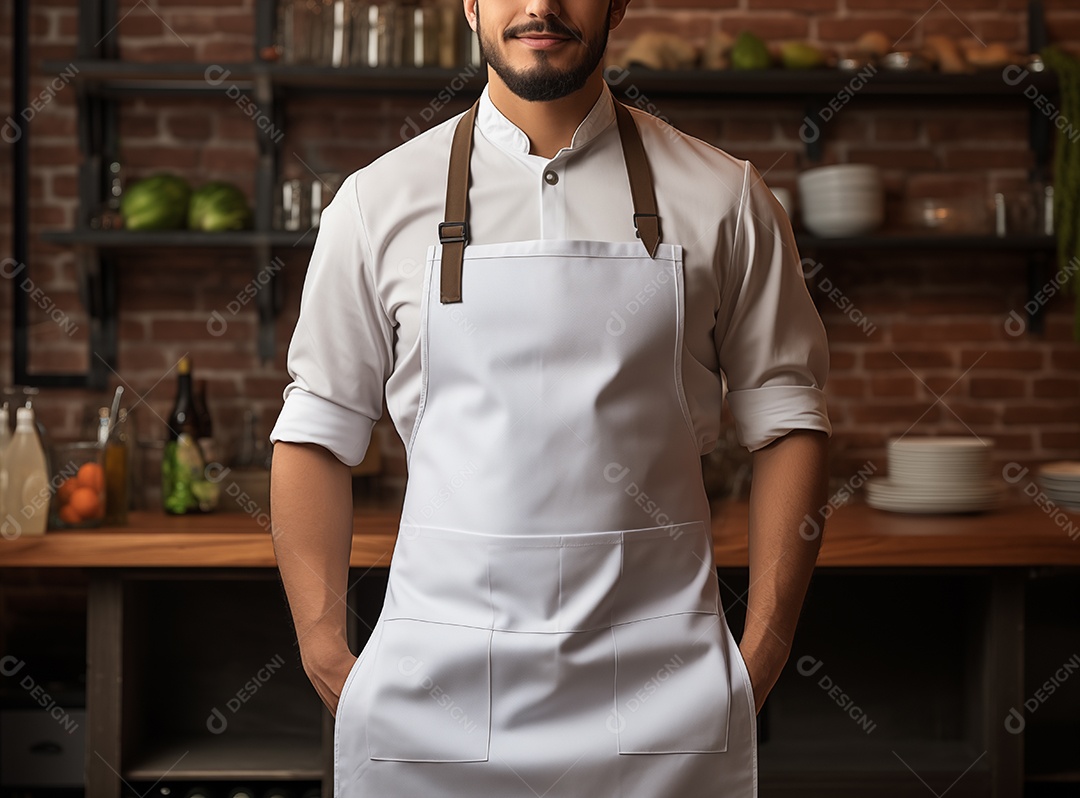 Chef masculino usando maquete de avental branco vazio na cozinha do restaurante
