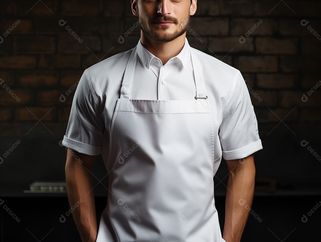 Chef masculino usando maquete de avental branco vazio na cozinha do restaurante