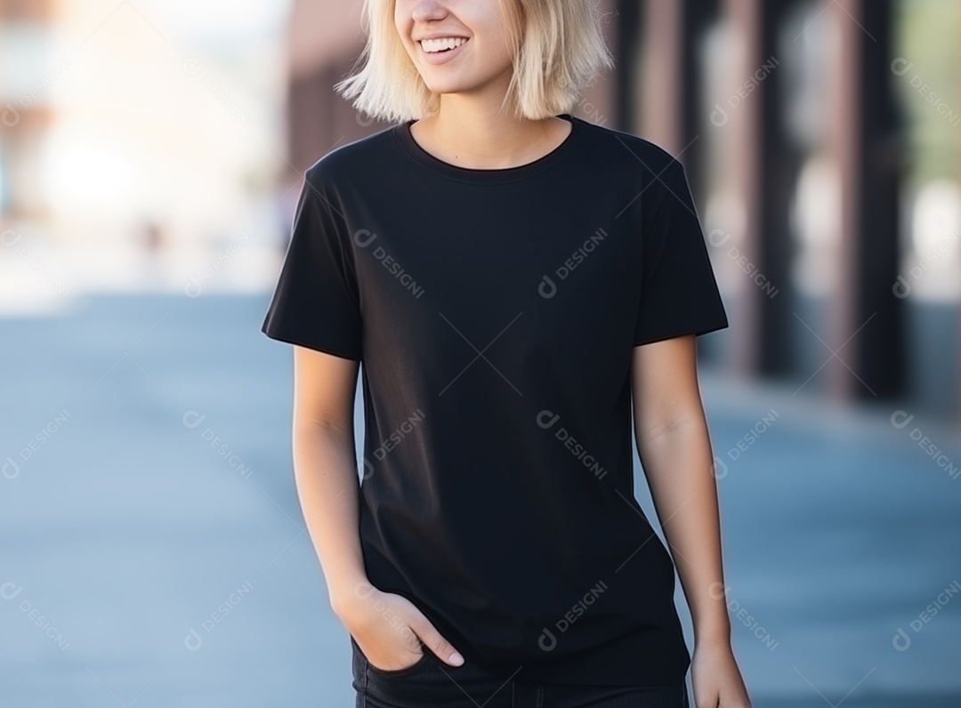 Mulher jovem e atraente vestindo uma camiseta preta grande e vazia para modelo de design