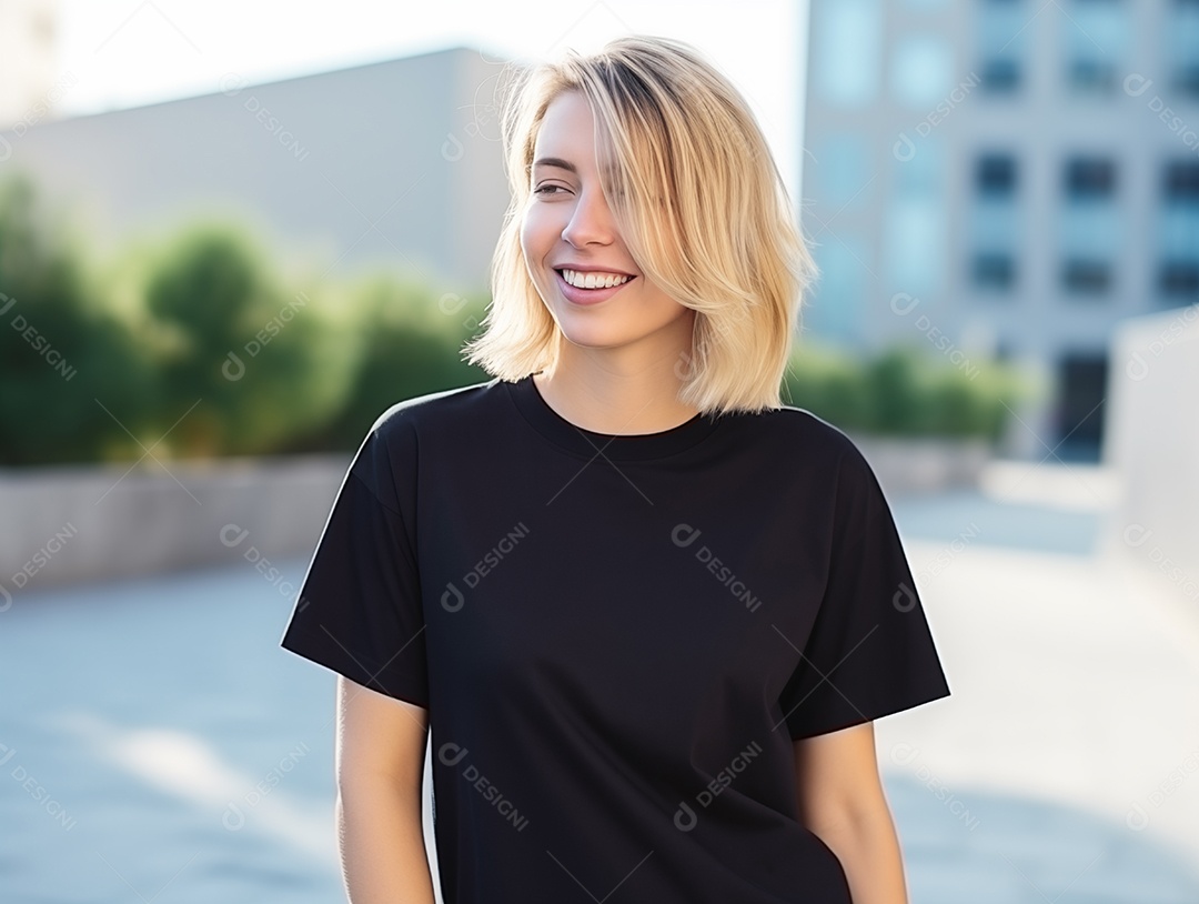 Mulher jovem e atraente vestindo uma camiseta preta grande e vazia para modelo de design