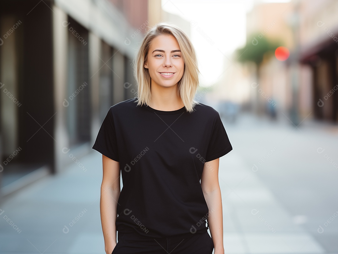 Mulher jovem e atraente vestindo uma camiseta preta grande e vazia para modelo de design