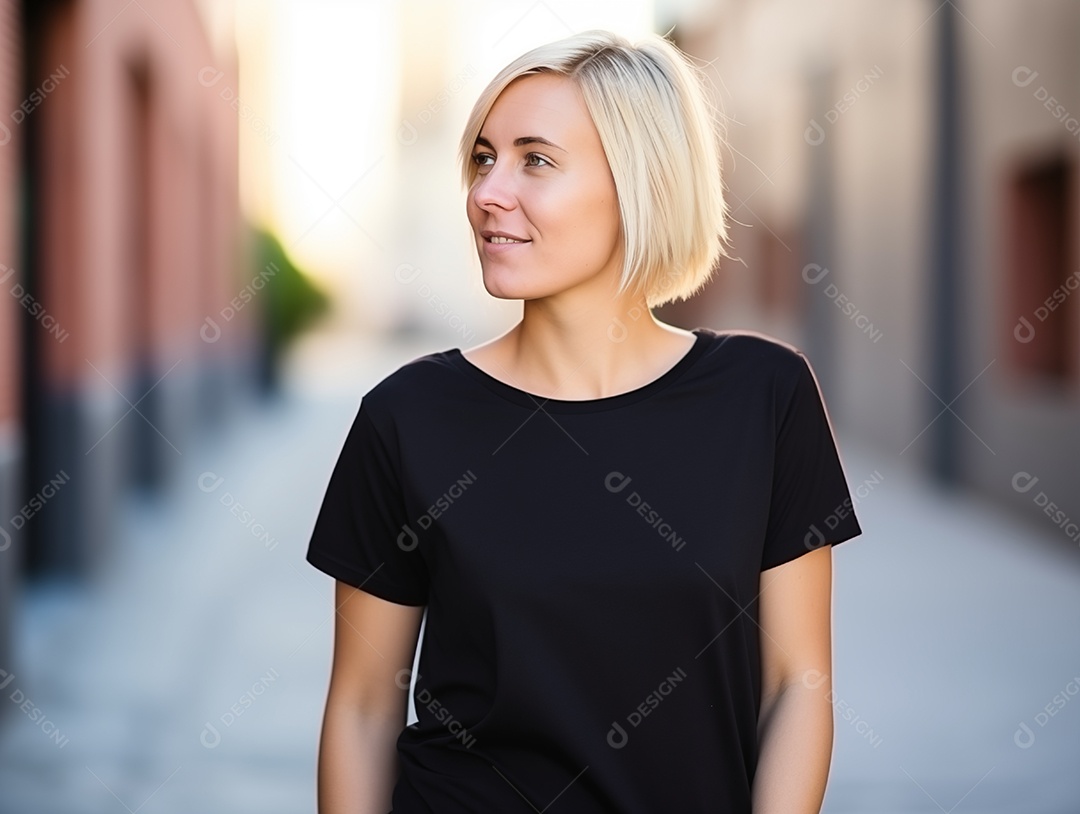 Mulher jovem e atraente vestindo uma camiseta preta grande e vazia para modelo de design