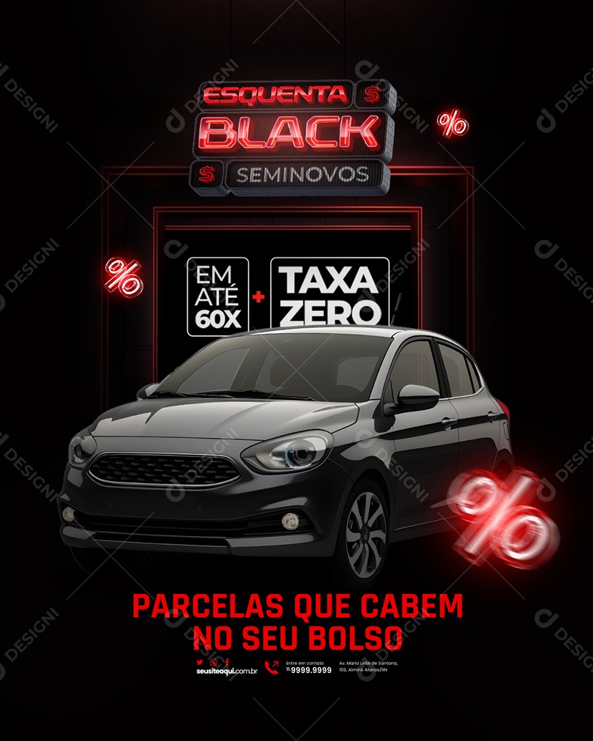 Campanha Publicitaria Flyer Concessionária Esquenta Black Seminovos Taxa Zero Social Media PSD Editável