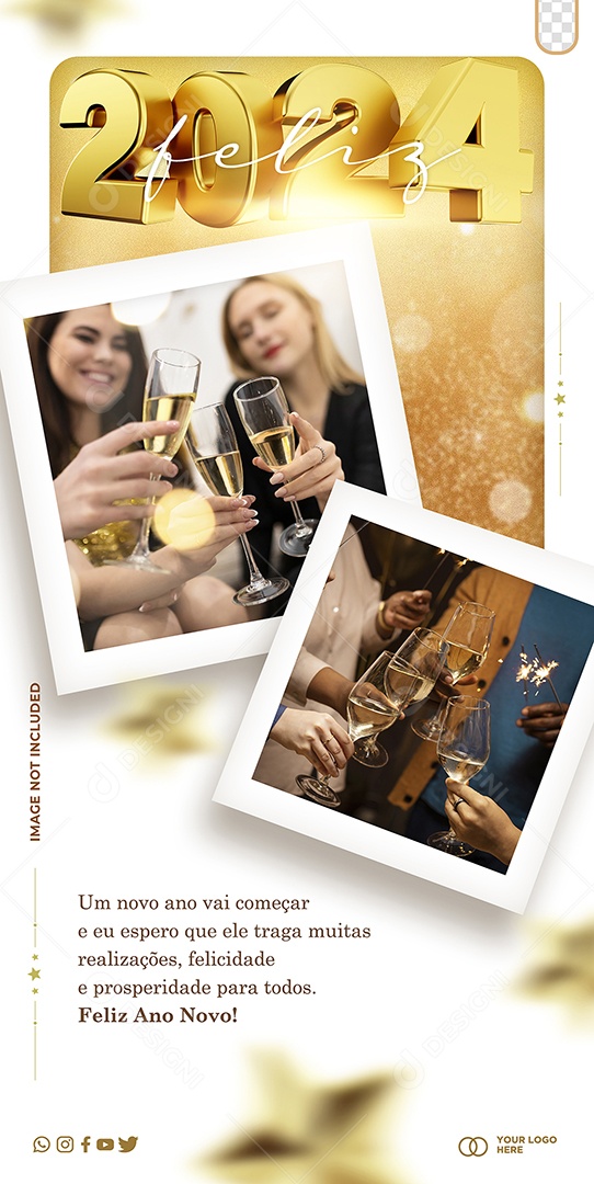 Story Feliz 2024 um Ano Novo vai Começar e Eu Espero que Ele Traga Muitas Realizações Social Media PSD Editável