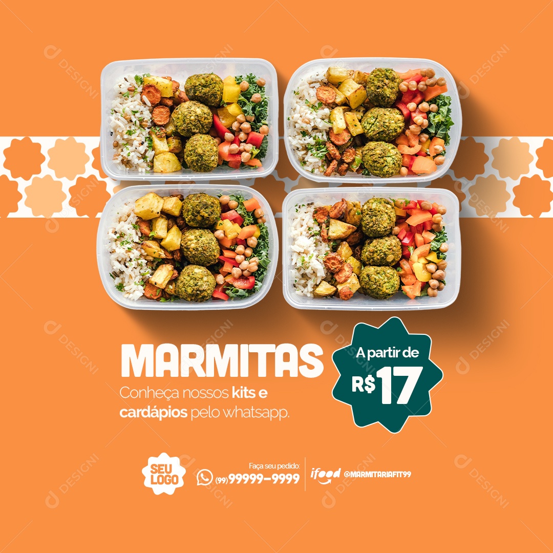 Marmitaria Fit Restaurante Marmitas Conheça nossos Kits e Cardápios pelo Whatsapp Social Media PSD Editável