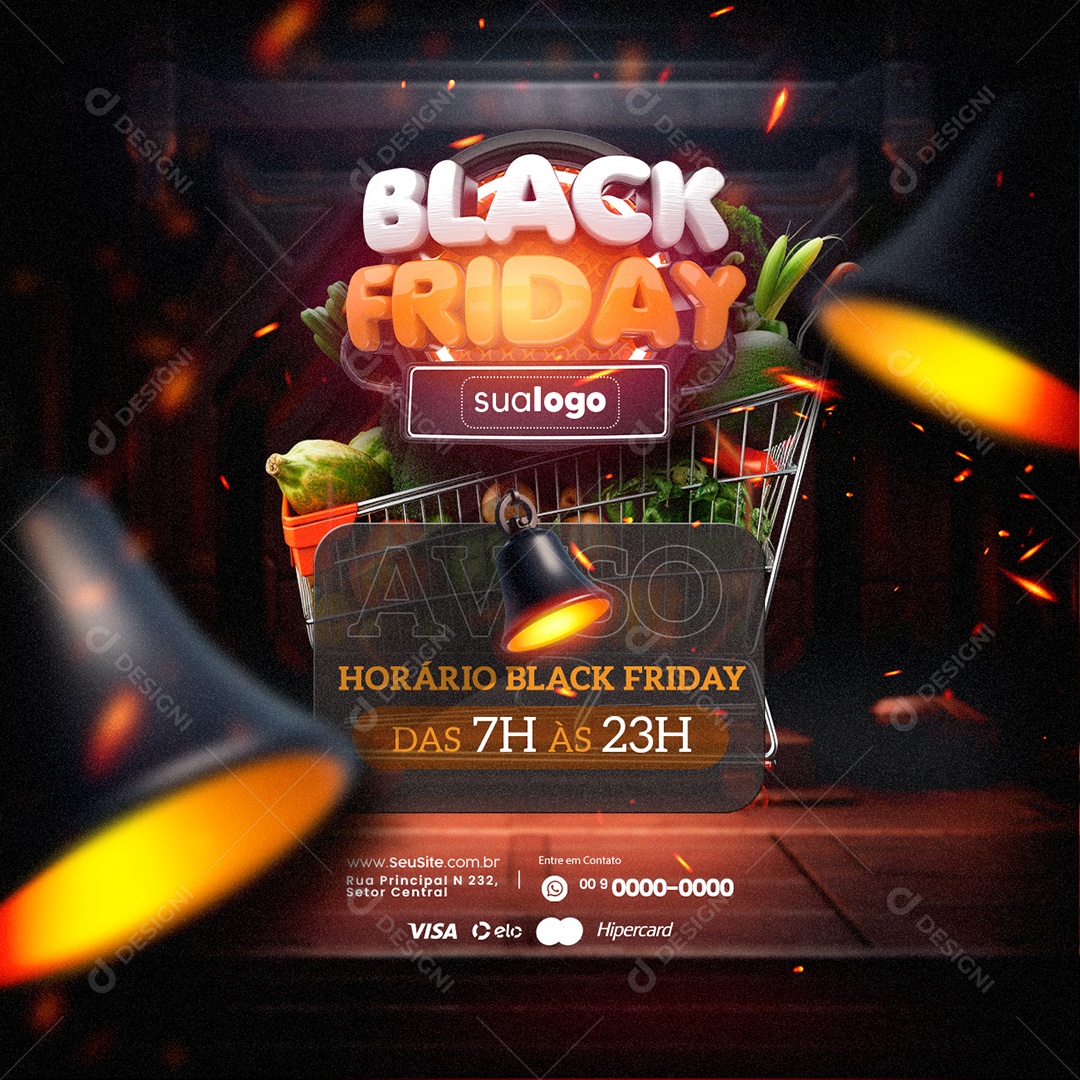 Supermercado Aviso Horário Black Friday Social Media PSD Editável