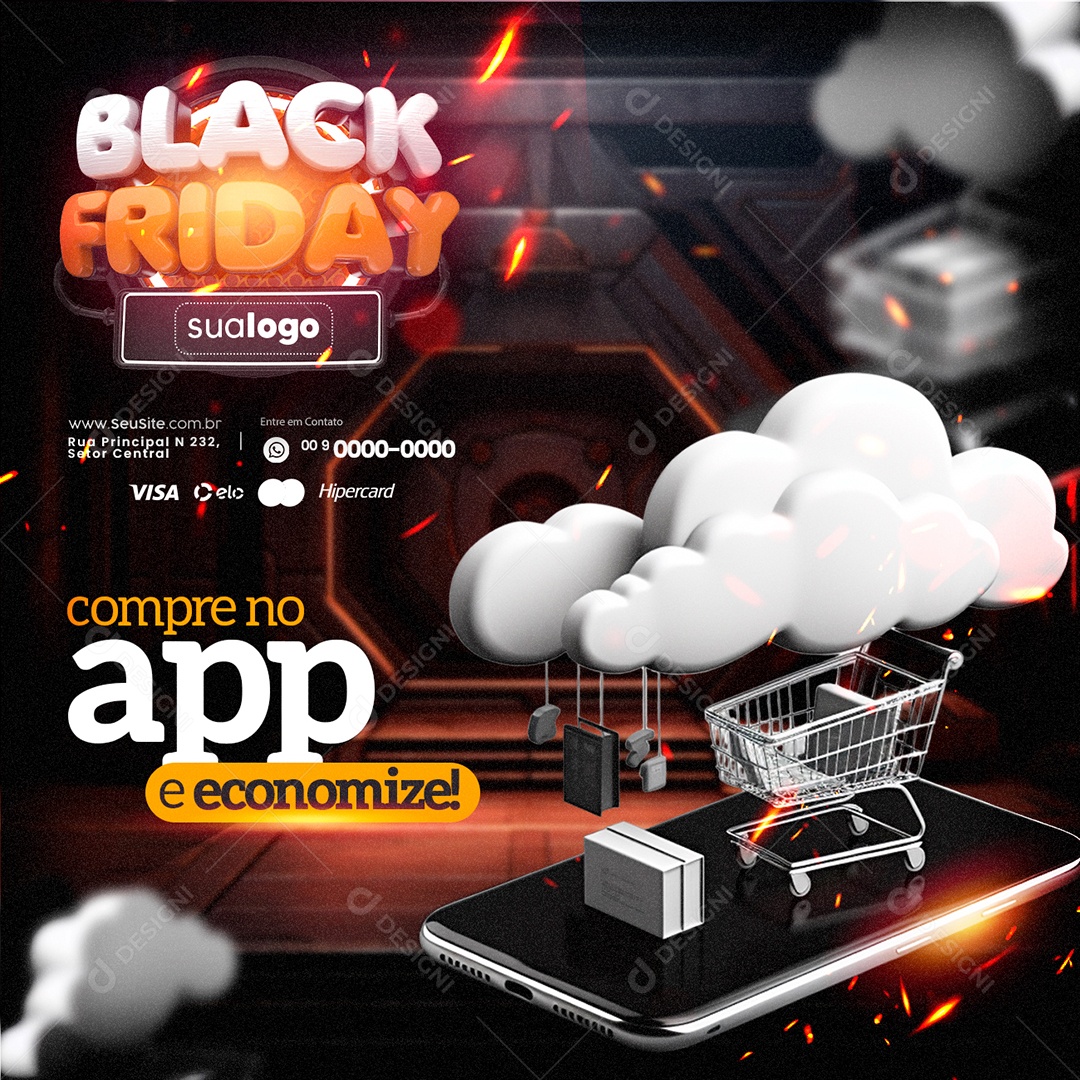 Supermercado Black Friday Compre no App e Economize Social Media PSD Editável