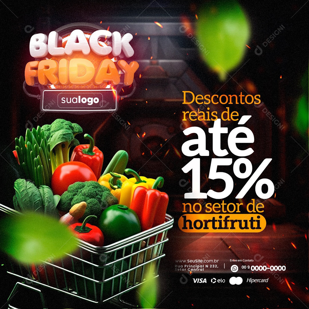 Supermercado Black Friday Descontos Reais de Até 15% no Setor de Hortifruti Social Media PSD Editável