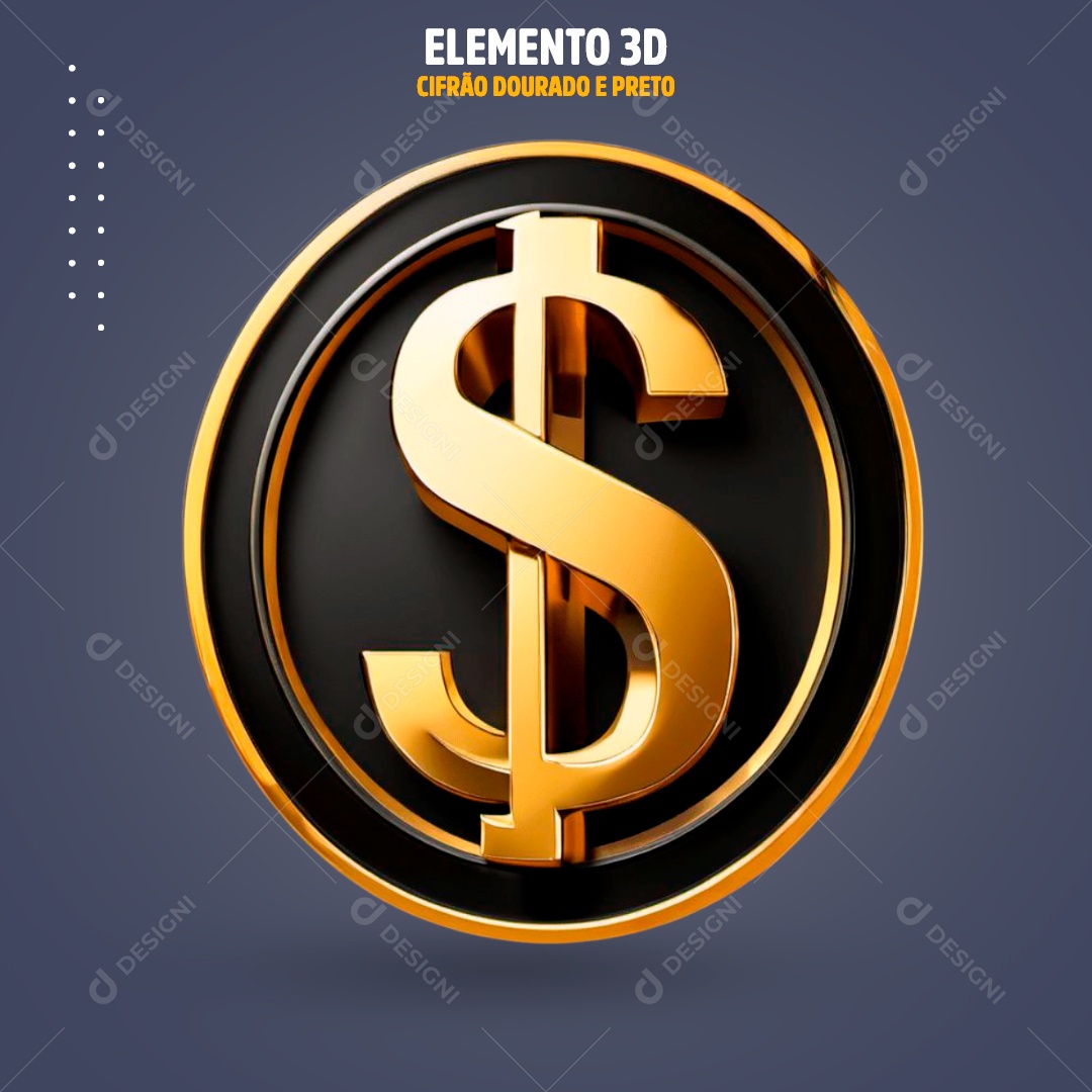 Elemento 3D Cifrão Dourado e Preto Para Composição PSD