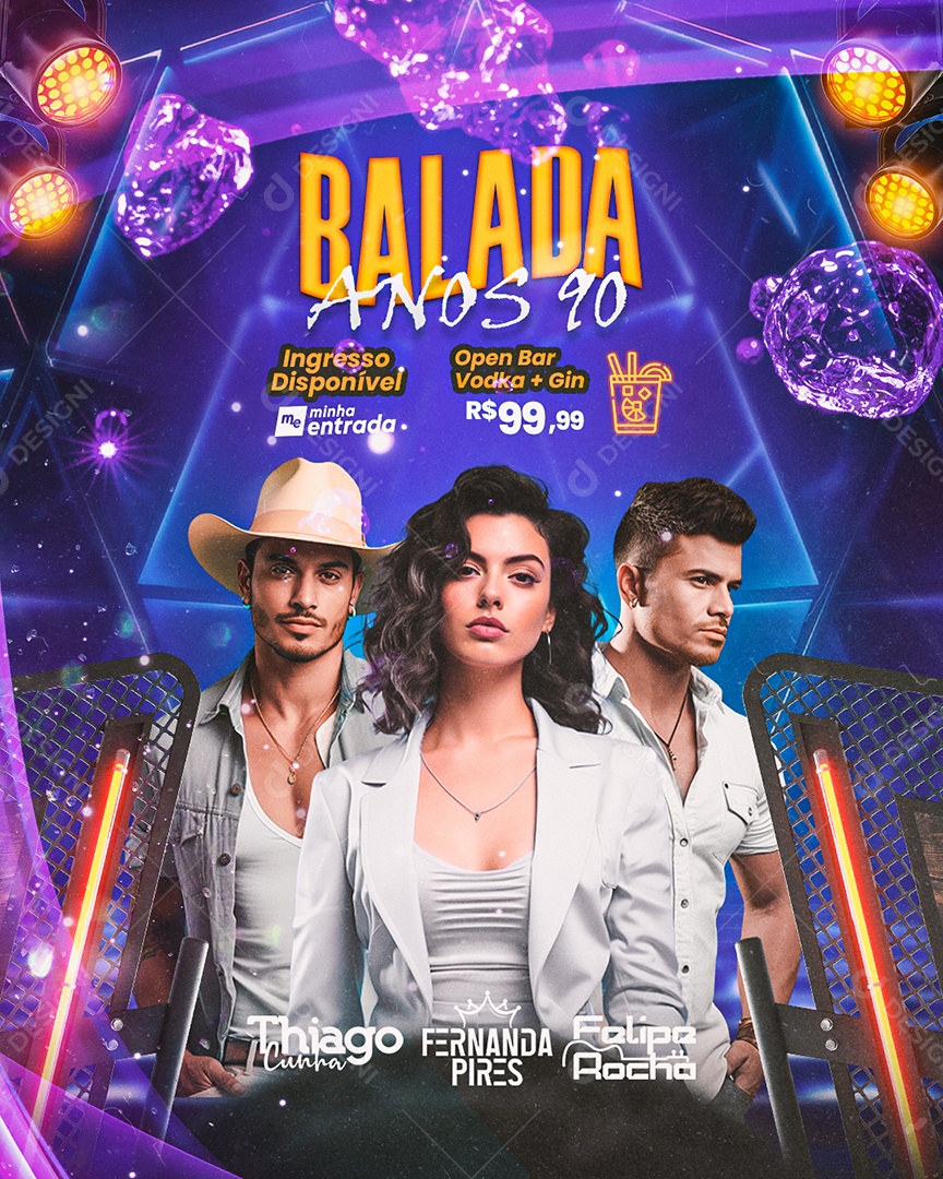 Flyer Balada Anos 90 Thiago Cunha Fernanda Pires Felipe Rocha Social Media PSD Editável