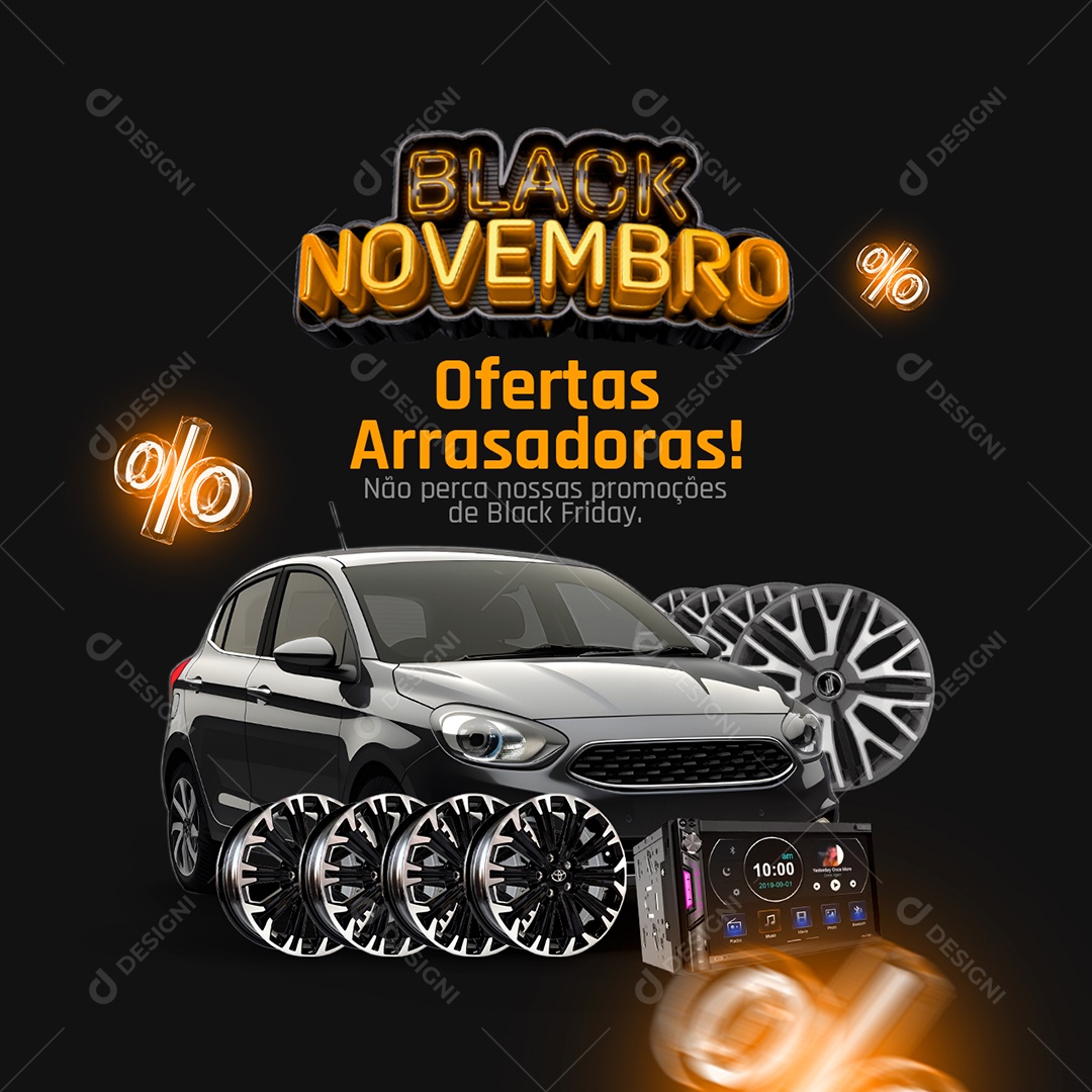 Automotivo Black Novembro Ofertas Arrasadoras Não perca nossas Promoções de Black Friday Social Media PSD Editável