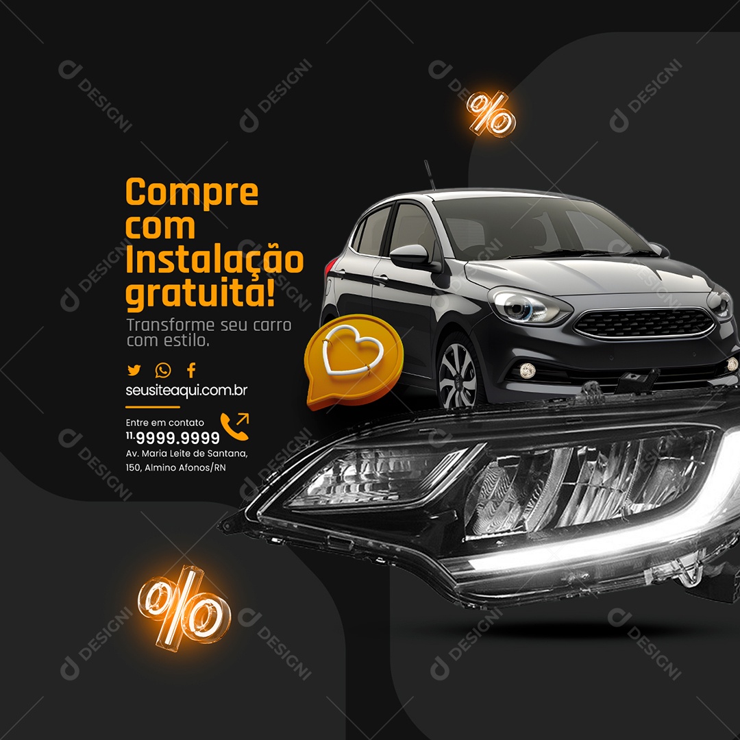 Automotivo Compre com Instalação Gratuita Farol Transforme seu Carro com Estilo Social Media PSD Editável