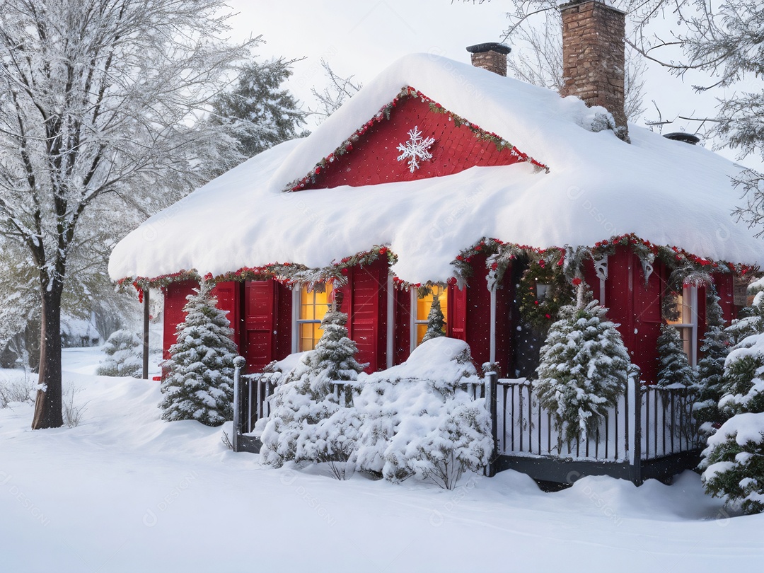 Casa decorada de Natal na neve