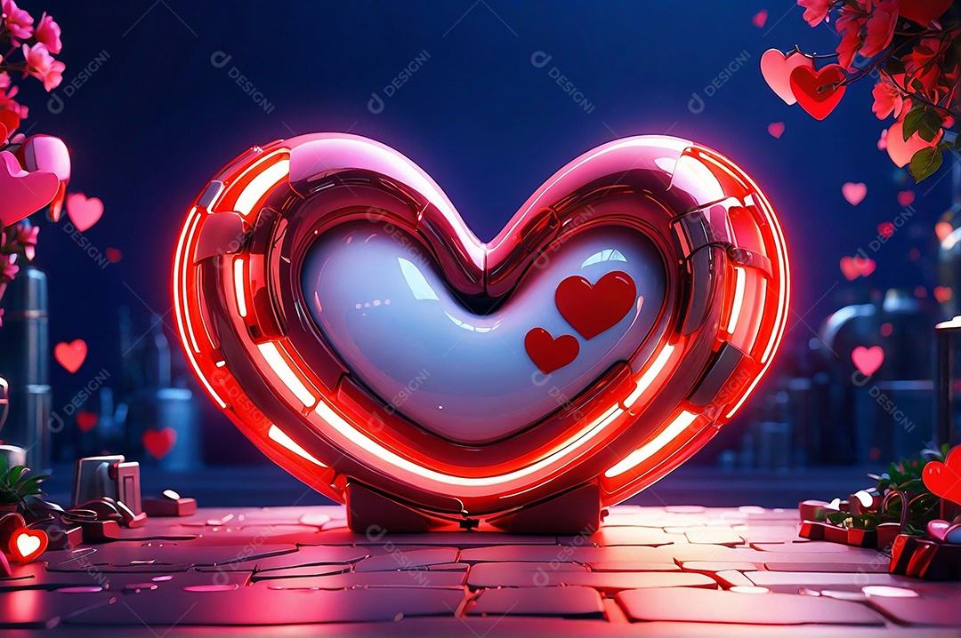 Dia namorados neon grande coração com espaço para texto IA generativa