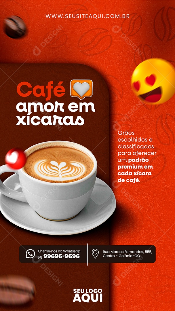 Story Cafeteria Café Amor em Xícaras Grãos Escolhidos e Classificados para Premium Social Media PSD Editável