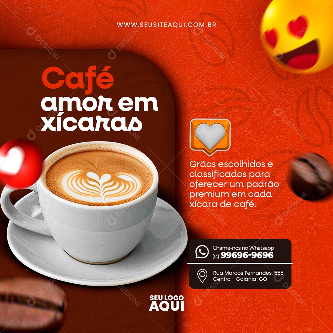 Cafeteria Café Amor em Xícaras Grãos Escolhidos e Classificados para Premium Social Media PSD Editável