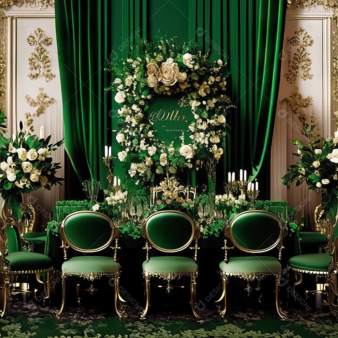 Cenário de casamento cadeiras almofadadas