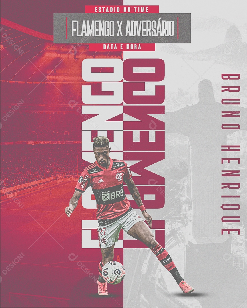 Social Media Flyer Futebol Bruno Henrique Flamengo X Adversário PSD Editável