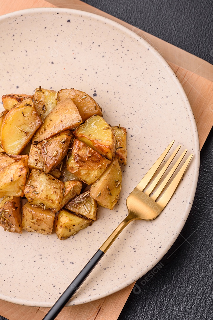 Deliciosas fatias de batata frita crocante com sal, especiarias e ervas sobre um fundo escuro de concreto