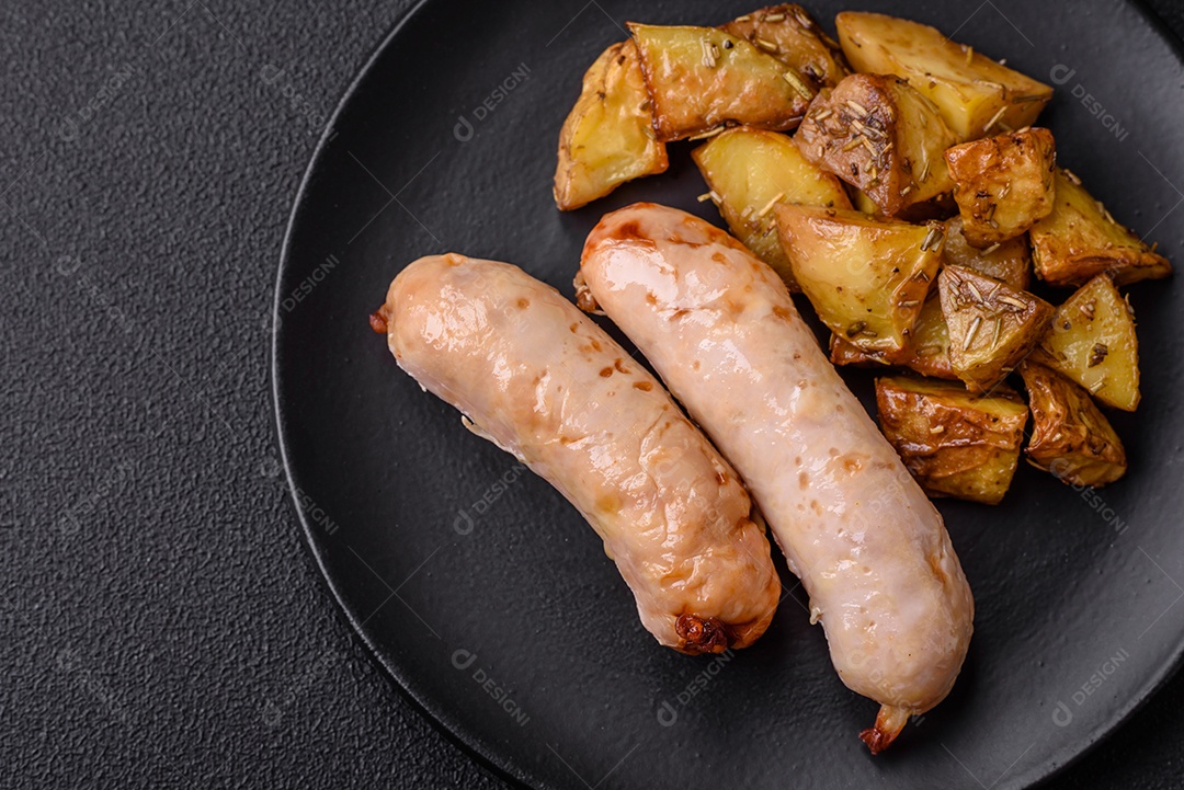 Deliciosos enchidos de frango ou porco grelhados com sal, especiarias e ervas sobre um fundo escuro de concreto