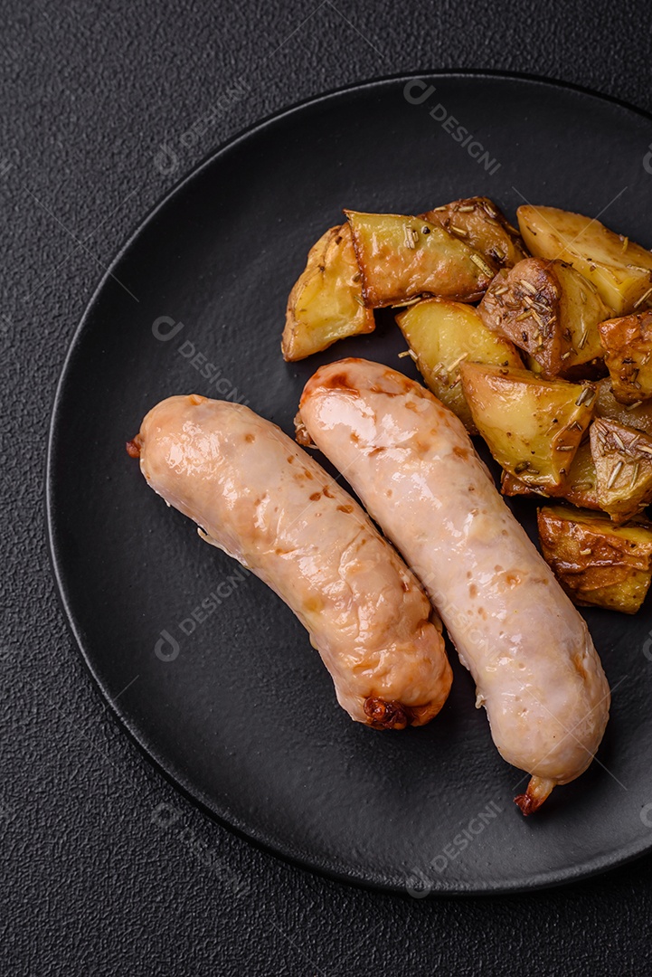 Deliciosos enchidos de frango ou porco grelhados com sal, especiarias e ervas sobre um fundo escuro de concreto