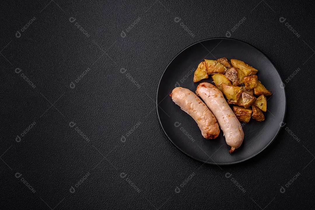 Deliciosos enchidos de frango ou porco grelhados com sal, especiarias e ervas sobre um fundo escuro de concreto