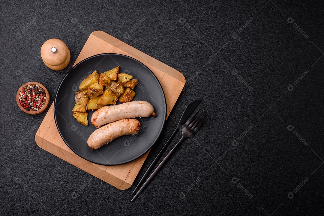 Deliciosos enchidos de frango ou porco grelhados com sal, especiarias e ervas sobre um fundo escuro de concreto