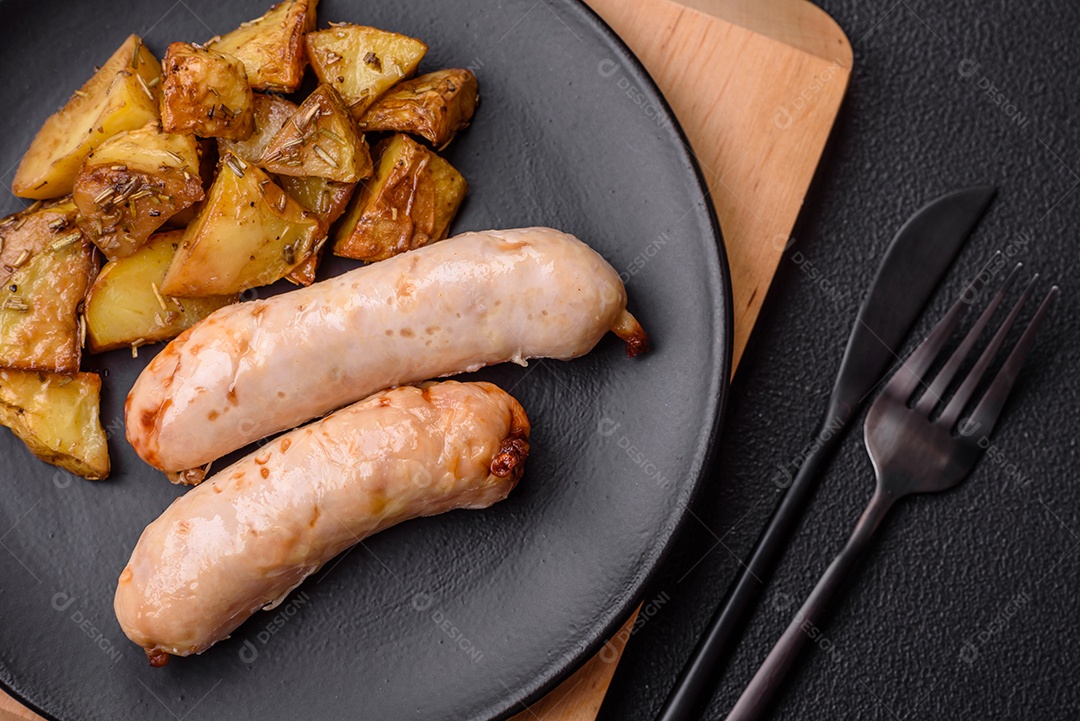 Deliciosos enchidos de frango ou porco grelhados com sal, especiarias e ervas sobre um fundo escuro de concreto