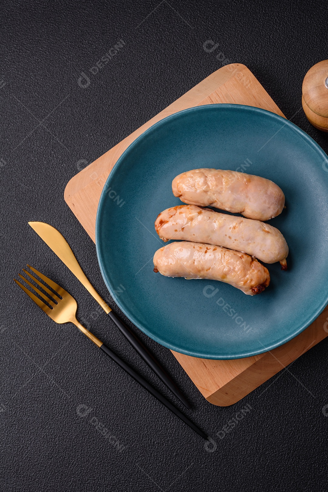 Deliciosos enchidos de frango ou porco grelhados com sal, especiarias e ervas sobre um fundo escuro de concreto