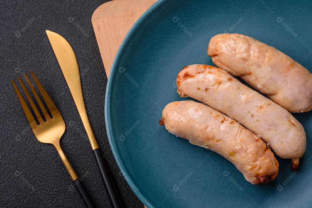 Deliciosos enchidos de frango ou porco grelhados com sal, especiarias e ervas sobre um fundo escuro de concreto